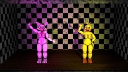 beak blue_eyes checkered_wall chica chicken chicken_girl five_nights_at_freddy's five_nights_at_freddy's_2 fnaf fox fox_girl hand_on_hip hands_in_air looking_at_viewer mangle_(fnaf) orange_feet performance performing pink_cheeks pink_light pink_nipples pink_toenails red_cheeks red_lipstick red_nipples source_filmmaker toy_chica_(fnaf) waving waving_at_viewer white_body white_fox wooden_floor yellow_body yellow_eyes yellow_light