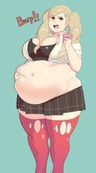 1girls ann_takamaki big_belly big_breasts bloated_belly blonde_hair blue_eyes burping chubby clothed clothing crepe duharu fat female female_only gassy long_hair love_handles napolitane navel obese_female overweight persona persona_5 plump potbelly stockings twintails wardrobe_malfunction weight_gain