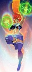 1girls alien alien_girl armpits big_breasts boots bracelet breasts cartoon_network dc dc_comics galaxy glowing glowing_eyes green_eyes krezniverse long_hair long_hair_female looking_at_viewer looking_down miniskirt orange_skin panties red_hair skirt small_skirt solo solo_female solo_focus space starfire superhero superheroine superpowers teen_titans