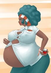 1girls afro big_belly big_breasts dark-skinned_female disproportional female female_only gym_leader hyper_belly lenora_(pokemon) nintendo pokemon pokemon_bw pregnant ready_to_pop solo solo_female zdemian