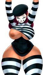 arms_up beret big_breasts black_and_white_clothing black_paint curvaceous curvy cyan_eyes facepaint huge_thighs lyn_nyl lynndomonica mime mint_kande_(toonistlyn) nipples red_hair smile smiling smiling_at_viewer striped_clothing stripes thick_thighs thigh_highs thighhighs toonistlyn white_facepaint wide_hips