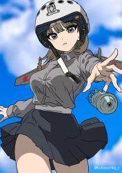 1girls brown_eyes brown_hair buhanochka_z cloud cowboy_shot facing_viewer looking_at_viewer military military_helmet russo-ukrainian_war short_hair skirt sky solo standing