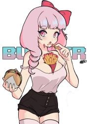 big_breasts blush blush_lines bow breasts burger eating eyelashes fries goldenfoggy ketchup original original_character pink_eyes pink_hair red_bow thighhighs