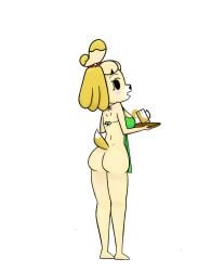 2020 alcohol animal_crossing apron apron_only ass beer beer_mug black_eyes blonde_hair breasts canine female female_focus female_only isabelle_(animal_crossing) looking_at_viewer looking_back nebssik nintendo spilled_drink spilling_drink tits tray waitress yellow_fur