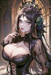 ai_generated big_breasts black_veil bride goth goth_bride goth_girl gothic green_eyes wedding_dress