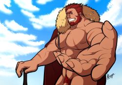 balls bara beard facial_hair fate_(series) flaccid holding_out_hand iskandar_(fate) k0uya looking_at_viewer male male_only muscles muscular nude pecs penis red_hair solo solo_male