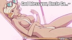 1female 1girls animated anime bare_arms bare_back bare_legs bare_midriff bare_shoulders bare_thighs belly_button big_breasts blonde_hair cleavage deck_chair deck_chair_position female female_only gif gift girl girl_only hazel_eyes heart-shaped_sunglasses heart_shaped_sunglasses jiggle jiggling_breasts light-skinned_female light_skin lori_(mazinger) mazinger mazinkaiser midriff navel overboob red_sunglasses seductive seductive_eyes seductive_look seductive_pose seductive_smile short_hair sideboob sling_bikini sling_swimsuit slingshot_swimsuit sunglasses sunglasses_on_head swimsuit text thick_thighs umbrella underboob white_sling_bikini