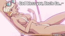 1female 1girls animated anime bare_arms bare_back bare_legs bare_midriff bare_shoulders bare_thighs belly_button big_breasts blonde_hair cleavage deck_chair deck_chair_position female female_only gif gift girl girl_only hazel_eyes heart-shaped_sunglasses heart_shaped_sunglasses jiggle jiggle_physics jiggling_breasts light-skinned_female light_skin lori_(mazinger) mazinger mazinkaiser midriff navel overboob red_sunglasses seductive seductive_eyes seductive_look seductive_pose seductive_smile short_hair sideboob sling_bikini sling_swimsuit slingshot_swimsuit sunglasses sunglasses_on_head swimsuit text thick_thighs umbrella underboob white_sling_bikini