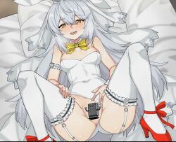 1girls arm_band bed blacha_(dkskek157) bowtie bowtie_collar bunny_ears bunny_girl bunnysuit censored censored_pussy counter:side eyebrows_visible_through_hair fake_animal_ears female gaeun garter_straps heels leotard on_back on_bed pillow playboy_bunny red_heels ribbon spread_legs spread_pussy sticker_censor thighhighs traditional_bowtie visible_breath white_bunnygirl_costume white_bunnysuit white_hair white_thighhighs yellow_eyes yellow_ribbon