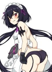 angry_face apron arm_band ass blacha_(dkskek157) black_hair black_panties blush counter:side female garter_straps knife knife_sheath lily_(counter:side) looking_at_viewer looking_back maid maid_headdress panties panties_pull pulled_by_self red_eyes ribbon simple_background underwear white_background