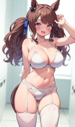 ai_generated amano_gawa animal_ears blush breasts brown_hair female garter_straps horse_girl large_breasts ribbon_in_hair tosen_jordan_(umamusume) twintails umamusume umamusume_pretty_derby white_bra