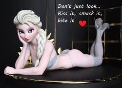 1girls 3d ass blue_eyes bra cute disney disney_princess elsa_(frozen) female female_only frozen_(film) legs legs_up lingerie long_legs looking_at_viewer medium_breasts panties posing sensual smile solo stockings tommytinycat