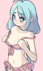 blue_eyes blush blush_lines character_request cyan_eyes cyan_hair goldenfoggy long_hair pale-skinned_female pale_skin small_breasts smile undressing virtual_youtuber vtuber