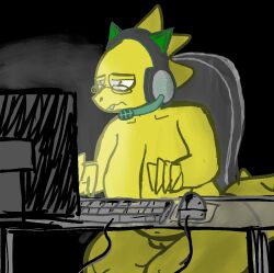 2023 alphys anthro belly big_breasts black_background breasts buckteeth chair computer computer_monitor computer_mouse eyewear female furniture gaming genitals glasses headgear headphones headset huge_breasts keyboard lizard morgan_shawty non-mammal_breasts nude on_chair overweight overweight_anthro overweight_female pussy reptile scalie simple_background sitting sitting_on_chair solo table tail teeth thick_thighs tired_eyes undertale undertale_(series) wide_hips yellow_body