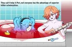 2girls ass bath bathtub black_nails blue_hair breasts cleavage completely_nude_female earrings english_text female_only fire_emblem fire_emblem:_three_houses fire_emblem_fates goth guitar headband implied_blood kronya_(fire_emblem) multiple_girls nude nude_female one_eye_obstructed pale-skinned_female peri_(fire_emblem) piercing pink_eyes punk red_eyes rubber_duck short_hair tarnishedtwink tattoo text twintails two-tone_hair weed