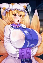 1girls after_sex big_breasts bimbo blonde_hair blue_tabard blush breasts breath breath_cloud ears_through_headwear fox_ears fox_girl fox_tail frilled_collar gigantic_breasts golden_eyes horny huge_breasts hyper_breasts kitsune large_breasts massive_breasts milf mob_cap monaka_(gatinemiku) multicolored_tail nipples nipples_visible_through_clothing puffy_nipples ran_yakumo see-through see-through_clothing shikigami solo sweat tabard textless textless_version touhou white_dress