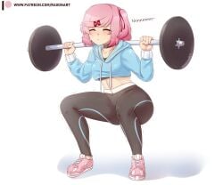 1girls doki_doki_literature_club female female_only gym leggings natsuki_(doki_doki_literature_club) pink_hair raionart solo squatting thick_thighs