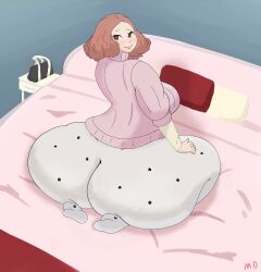 1girls ass bad_anatomy bed big_ass big_breasts bottom_heavy breasts bubble_butt clothing fat_ass female female_only haru_okumura huge_ass indoors kneeling large_ass looking_at_viewer mackdazzle nightstand on_knees persona persona_5 rear_view solo thick_ass thick_thighs thunder_thighs wide_hips