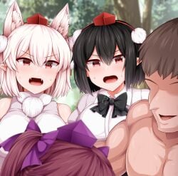 1boy 3girls animal_ears black_hair blurry_background blush breasts brown_hair drooling faceless_male forest hat hatate_himekaidou huge_breasts hypnosis implied_fellatio mind_control momiji_inubashiri monaka_(gatinemiku) oerba_yun_fang open_mouth out_of_frame outdoors pointy_ears red_eyes shameimaru_aya short_hair smile sweat tengu textless textless_version tokin_hat touhou tree twintails watching white_hair wolf_girl