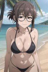 1girls ai_generated beach big_breasts bikini black_bikini black_eyes brown_hair call_of_the_night glasses looking_at_viewer palm_tree partially_nude perfect_body round_glasses sand seductive smile standing uguisu_anko water yofukashi_no_uta