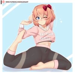 doki_doki_literature_club feet feet_up just_sayori leggings_down raionart sayori_(doki_doki_literature_club) short_hair stretching thick_thighs yoga_pants