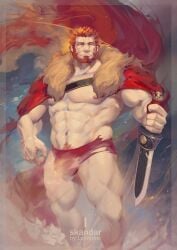 balls bara beard bulge facial_hair fate_(series) flaccid iskandar_(fate) luerstine male male_only muscles muscular penis red_hair ripped_clothing solo solo_male