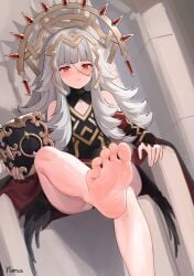 1girls absurdres bare_legs barefoot black_panties book closed_mouth crown dress feet female female_only fire_emblem fire_emblem_heroes foot_focus grey_hair hair_ornament highres holding holding_book legs long_hair nintendo norza panties panty_peek pantyshot pantyshot_(sitting) petite red_eyes revision sitting soles solo thighs throne toes underwear upskirt veronica_(fire_emblem)