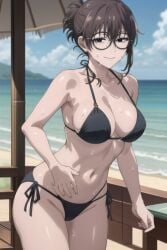 1girls ai_generated beach big_breasts bikini black_bikini black_eyes brown_hair call_of_the_night glasses partially_nude perfect_body round_glasses sand seductive smile standing sweat sweating thighs uguisu_anko water yofukashi_no_uta