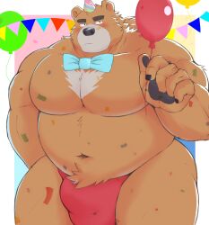 2023 anthro balloon bear belly big_belly black_nose bow_tie brown_body bulge clothing hat headgear headwear hi_res humanoid_hands inflatable kemono male mammal moobs musclegut nanntaro navel overweight overweight_male party_hat simple_background solo solo_male underwear