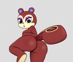 2021 animal_crossing ass ass_focus black_eyes breasts brown_fur female female_focus female_only furry looking_back nebssik nintendo pecan_(animal_crossing) purple_ears purple_eyeshadow squirrel squirrel_tail thick_thighs thighs