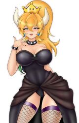 1girls bowsette cleavage fangs female female_only fishnets fully_clothed huge_breasts leotard mario_(series) new_super_mario_bros._u_deluxe revealing_clothes showgirl_skirt solo stockings th3go thick_thighs