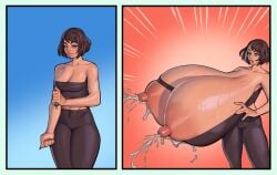 1girls before_and_after breast_expansion brown_hair commission gigantic_breasts green_eyes hyper_breasts injection lactation original punished_vinegar surprised symbiobro syren_(symbiobro) syringe tanktop transformation yoga_pants