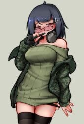 armedshipyard bare_shoulders black_panties blush escape_from_tarkov glasses half-closed_eyes headphones military_jacket original_character pen_in_mouth red_eyes short_hair simple_background sweater_dress thick_thighs thighhighs thumb_in_panties