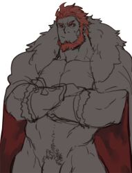 balls bara beard crossed_arms facial_hair fate_(series) flaccid gomtang iskandar_(fate) looking_at_viewer male male_only monochrome muscles muscular muscular_male penis red_hair solo solo_male