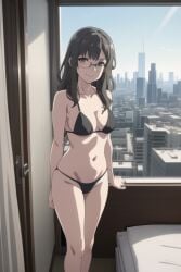 1girls ai_generated bed bikini black_bikini brown_eyes brown_hair cityscape futaba_rio glasses hotel_room looking_at_viewer medium_breasts partially_nude petite seductive seishun_buta_yarou_wa_bunny_girl_senpai_no_yume_wo_minai smile standing thighs window