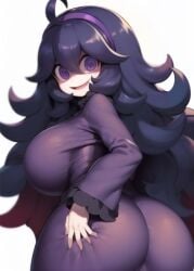 @_@ ahoge ai_generated big_ass big_breasts clothed dress goth hairband hex_maniac huge_ass huge_breasts long_hair looking_at_viewer looking_back open_mouth pale_skin pokemon pokemon_xy purple_eyes purple_hair smile smiling spazzmo very_long_hair voluptuous voluptuous_female