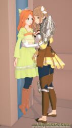 2girls 3d abs against_wall ass bangs bare_midriff big_ass boots braid breasts brown_eyes brown_hair etie_(fire_emblem) female female_only fire_emblem fire_emblem_engage frown goldmary_(fire_emblem) green_eyes hair_over_shoulder jollyoldsoldier lifting_person long_hair looking_at_another medium_breasts medium_hair midriff multiple_girls nintendo open_mouth orange_hair pantyhose side_ponytail skirt small_breasts smile standing tiara yuri