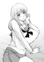 blush breasts covered_nipples female girls_und_panzer haba_hirokazu head_rest huge_breasts long_hair looking_at_viewer lying mature_female midriff monochrome navel on_side ooarai_school_uniform shimada_chiyo solo