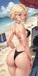 ai_generated aig1587 beach beach_background big_butt bikini black_bikini blonde_hair blue_eyes female female_only gwen_stacy gwen_stacy_(spider-verse) marvel short_hair smile spider-gwen spider-man:_across_the_spider-verse spider-man:_into_the_spider-verse spider-man_(series)