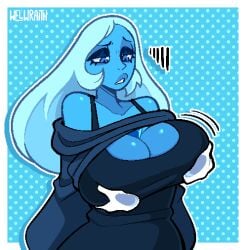 ! !! blue_background blue_diamond_(steven_universe) blue_eyes blue_skin blue_theme breasts cartoon_network cleavage clothing_cutout colored_skin diamond_authority dress female gem_(species) grabbing huge_breasts inkplasm large_breasts long_hair off-shoulder_sweater off_shoulder outline polka_dot_background solo steven_universe sweater upper_body welwraith white_hair