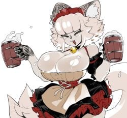 :3 anthro beer big_breasts cat_ears cat_tail catgirl catmaid_(dizzyspells) cleavage closed_eyes colored cute_fang dizzyspells fang female maid_headdress white_background white_hair