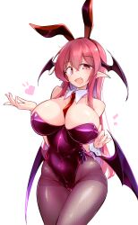 1girls animal_ears bat_wings between_breasts breasts bunny_day bunny_ears bunnysuit cleavage commentary_request cute_fang detached_collar female fumitsuki_(minaduki_6) head_wings heart highleg highres koakuma large_breasts leotard long_hair looking_at_viewer multi_wing necktie necktie_between_breasts oerba_yun_fang open_mouth pantyhose playboy_bunny purple_leotard rabbit_ears red_eyes red_hair red_necktie simple_background solo succubus touhou white_background wings wrist_cuffs