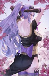 1girls alternate_costume alternate_hairstyle arm_guards armor ass back back_view backless_outfit bare_back bare_shoulders big_ass black_armor black_kimono breasts camilla_(fire_emblem) camilla_(ninja)_(fire_emblem) doiparuni female female_only fingerless_gloves fire_emblem fire_emblem_fates fire_emblem_heroes fishnet_thighhighs fishnet_top fishnets flower from_behind gloves hair_ornament hair_over_one_eye highres japanese_clothes kimono large_breasts long_hair looking_at_viewer mature_female ninja nintendo official_alternate_costume official_alternate_hairstyle ponytail purple_eyes purple_gloves purple_hair purple_nails purple_ribbon ribbon smile solo thighhighs tiara tying_hair wavy_hair wrist_guards