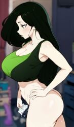 1girls after_sex ai_generated black_hair bottomless breasts dialogue disney disney_channel english_text female green_hair green_skin hi_res huge_breasts kim_possible kisou light-skinned_female light_skin long_hair pale-skinned_female pale_skin shego sports_bra uncensored