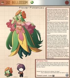 2023 bellossom breasts creature_index english_text female_focus flower front_view generation_2_pokemon green_hair green_skin human japanese_clothes kinkymation open_mouth page_182 page_number pokemon pokemon_(species) pokemusu signature standing text_box very_long_hair wide_sleeves