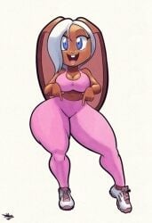 2023 anthro big_breasts blue_eyes breasts buckteeth cleavage clothed clothing copic dark-skinned_female dark_fur digital_media_(artwork) hi_res lagomorph lagomorph_humanoid leporid leporid_humanoid long_ears mammal open_mouth pink_bra pink_pants rabbit rabbit_ears rabbit_humanoid shoes signature tansau teeth thick_thighs tight_clothing white_background white_hair