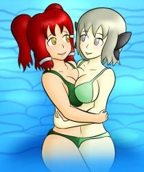 bikini cleavage conjoined doodledowd fasen_(doodledowd) grey_hair large_breasts maki_(mixedkori) merging red_hair short_hair twintails water yuri