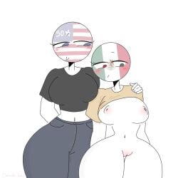 2girls big_breasts blush breasts countryhumans countryhumans_girl female jeans mexico_(countryhumans) multiple_girls pussy thick_thighs united_states_of_america_(countryhumans) white_background wide_hips xx.canada.xx