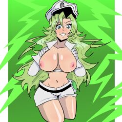 1girls 2023 areolae bleach bleach:_the_thousand-year_blood_war breasts breasts_out candice_catnipp edgerftw female female_only green_eyes green_hair hi_res light_blush long_hair looking_at_viewer nipples showing_breasts showing_off smiling smiling_at_viewer solo sternritter teeth_clenched