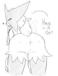 2023 anthro anus ass ass_focus feline female fur furry hands_on_legs leaning_forward looking_at_viewer meowscarada pokemon pokemon_(species) pokemon_sv presenting_hindquarters sinfulnexan sketch spread_legs tailwag text